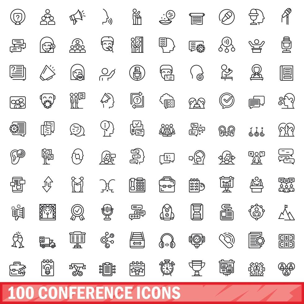 100 iconos de conferencia establecidos, estilo de esquema vector