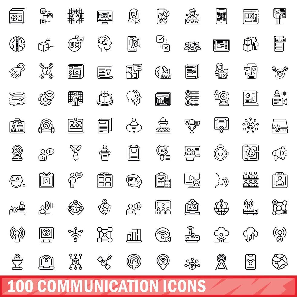 100 iconos de comunicación establecidos, estilo de esquema vector