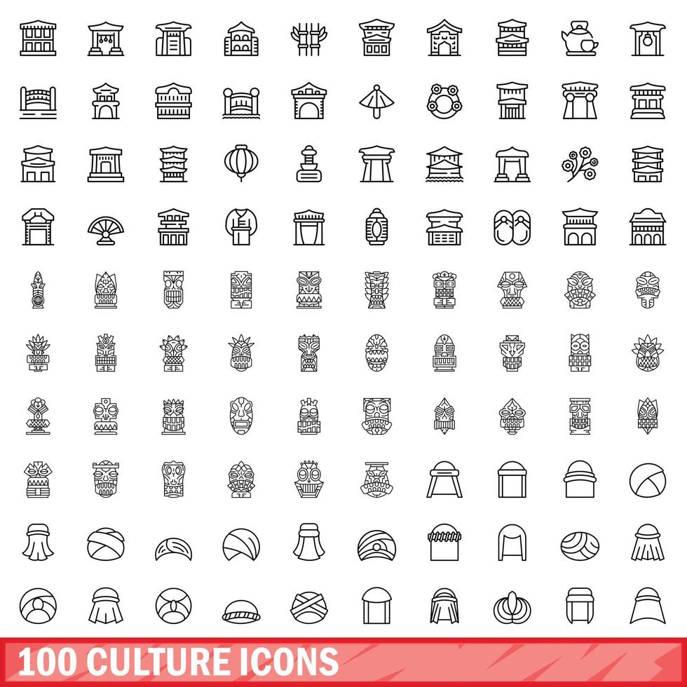 100 culture icons set, outline style vector
