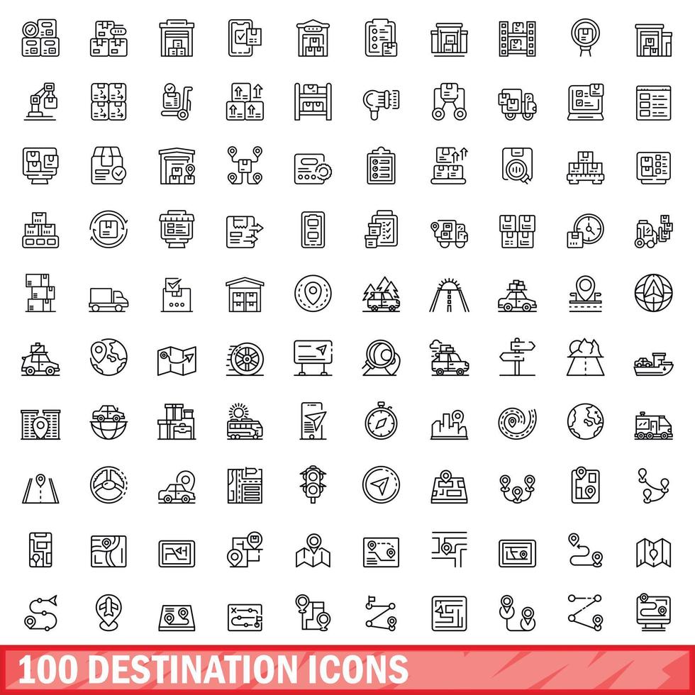 100 destination icons set, outline style vector