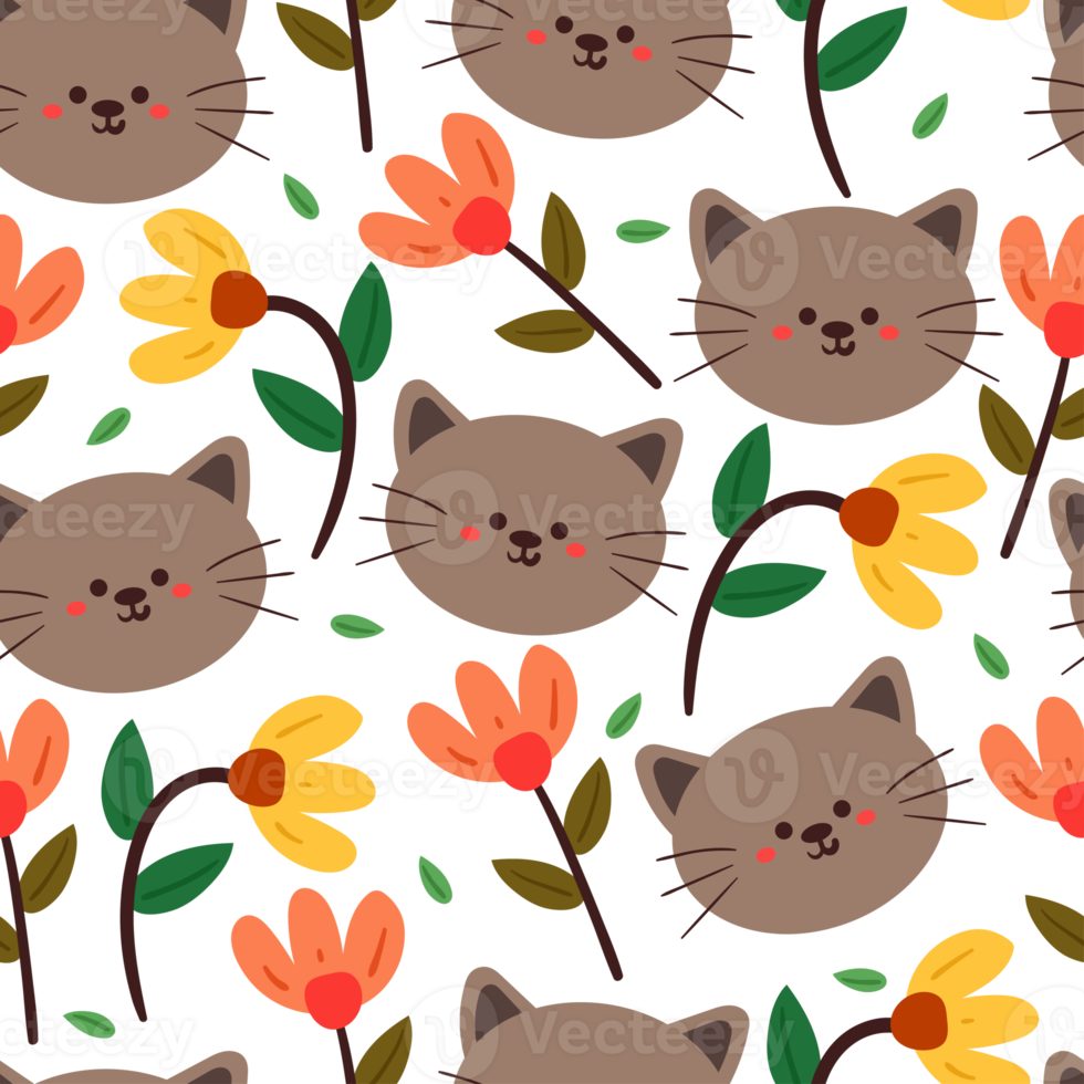 seamless pattern cartoon cat and flower. cute animal wallpaper for textile, gift wrap paper png