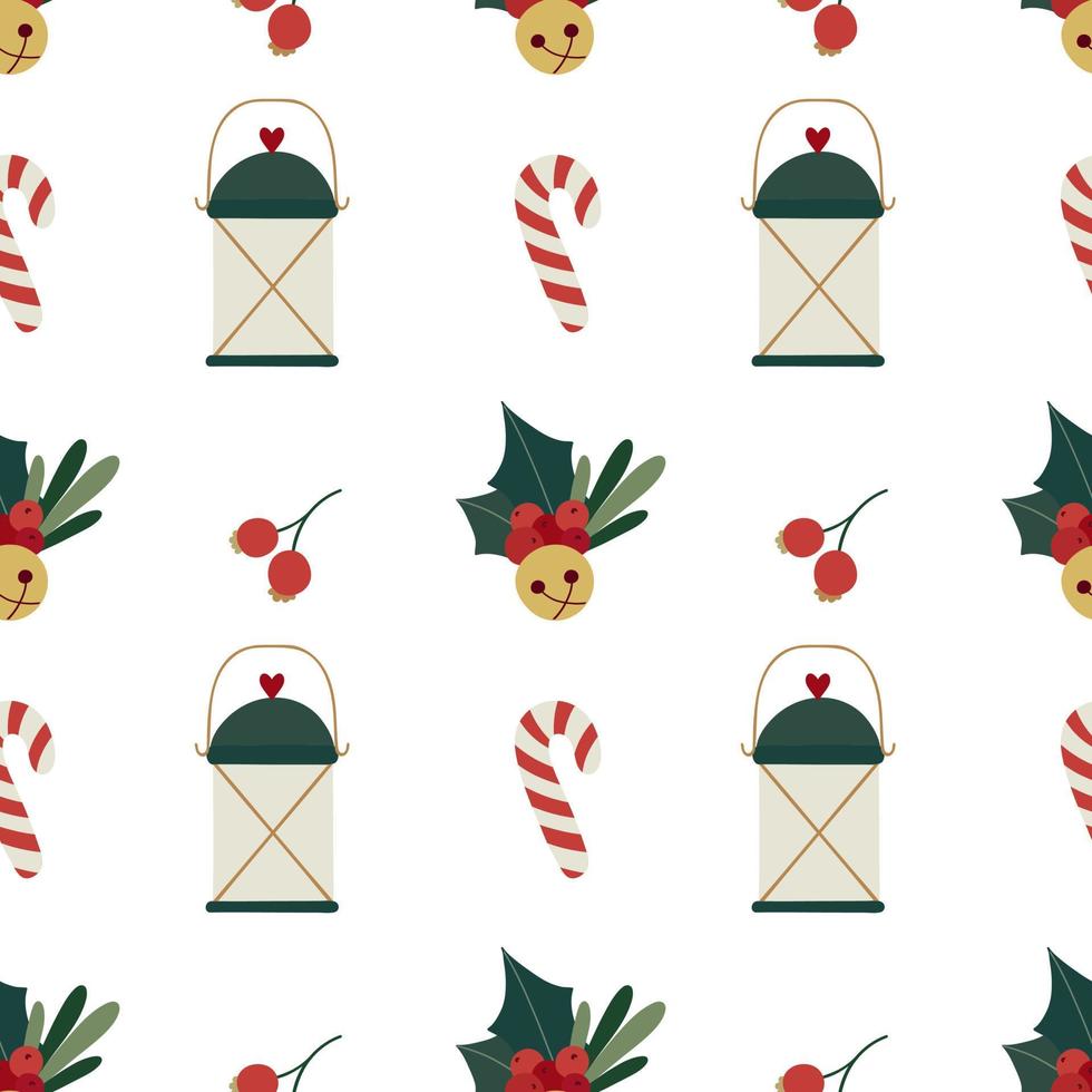 Christmas lantern with red berries, holly, golden sleigh bell and candy. Winter festival seamless pattern. vector