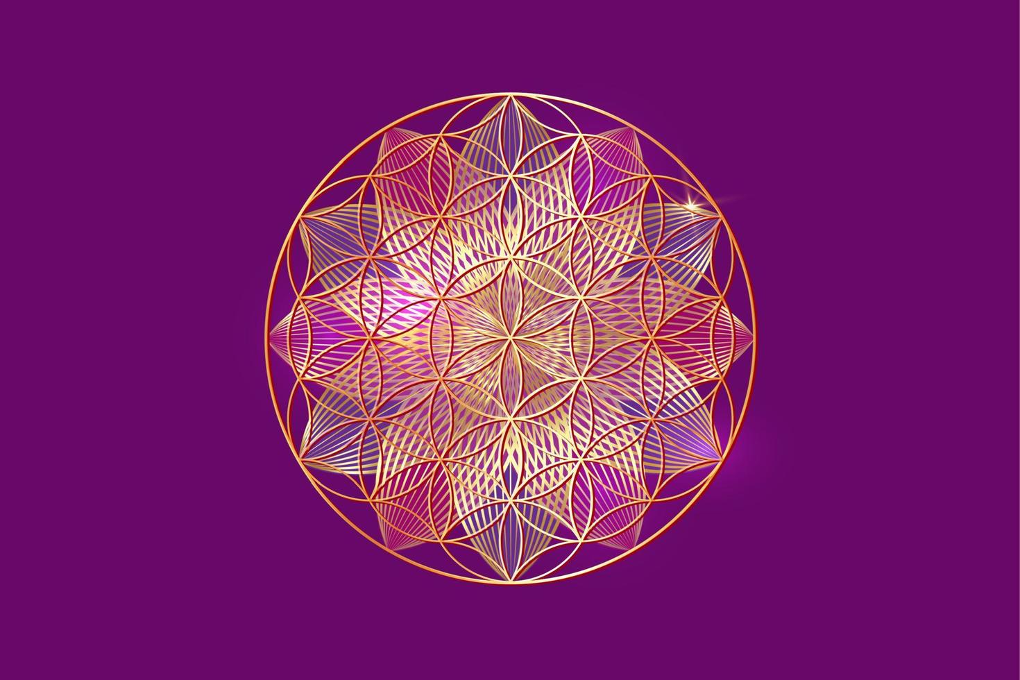 flower of life, gold spiritual mandala, Sacred Geometry. Bright golden symbol of harmony and balance. Mystical talisman, luxury lotus vector isolated on purple background