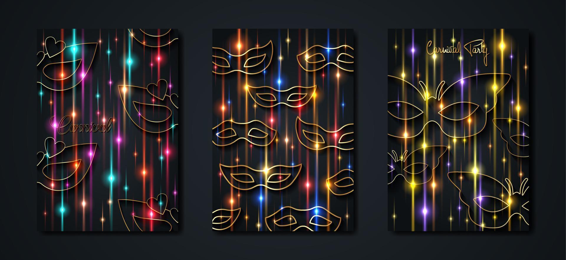 Carnival gold and black posters set, flyer or invitation design. Festive Golden cards. Vector illustration. Elegant luxury tickets with pattern and emblem. Colorful magic light fashion banners