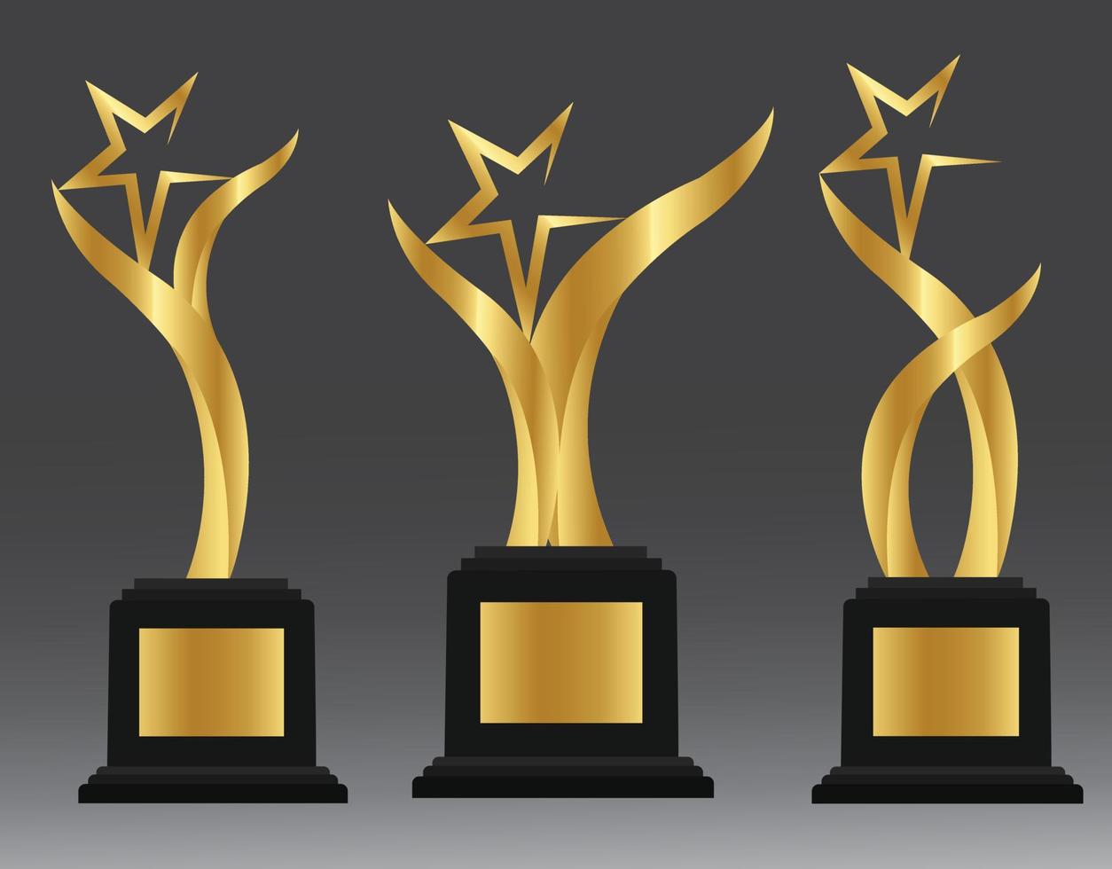 Golden star trophy award of different shape realistic set isolated on gradient background vector illustration.