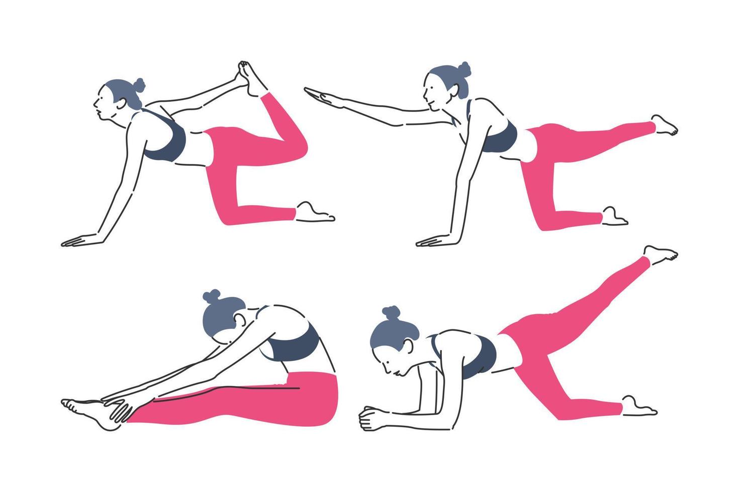 un conjunto de ilustraciones de iconos de hermosas chicas jóvenes haciendo ejercicios de yoga en el suelo vector