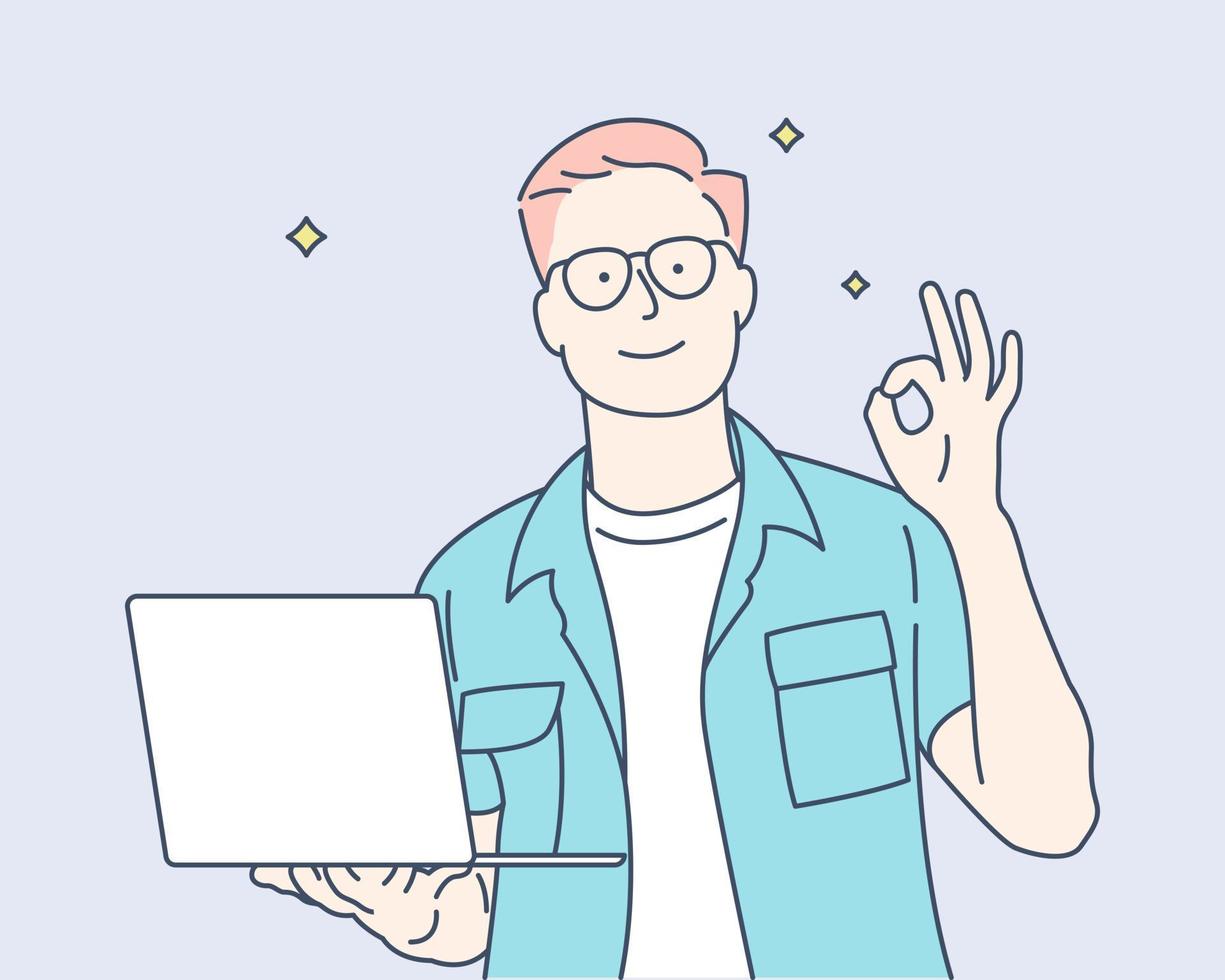 illustration icon of a man with a laptop, Hand drawn style vector design illustration.