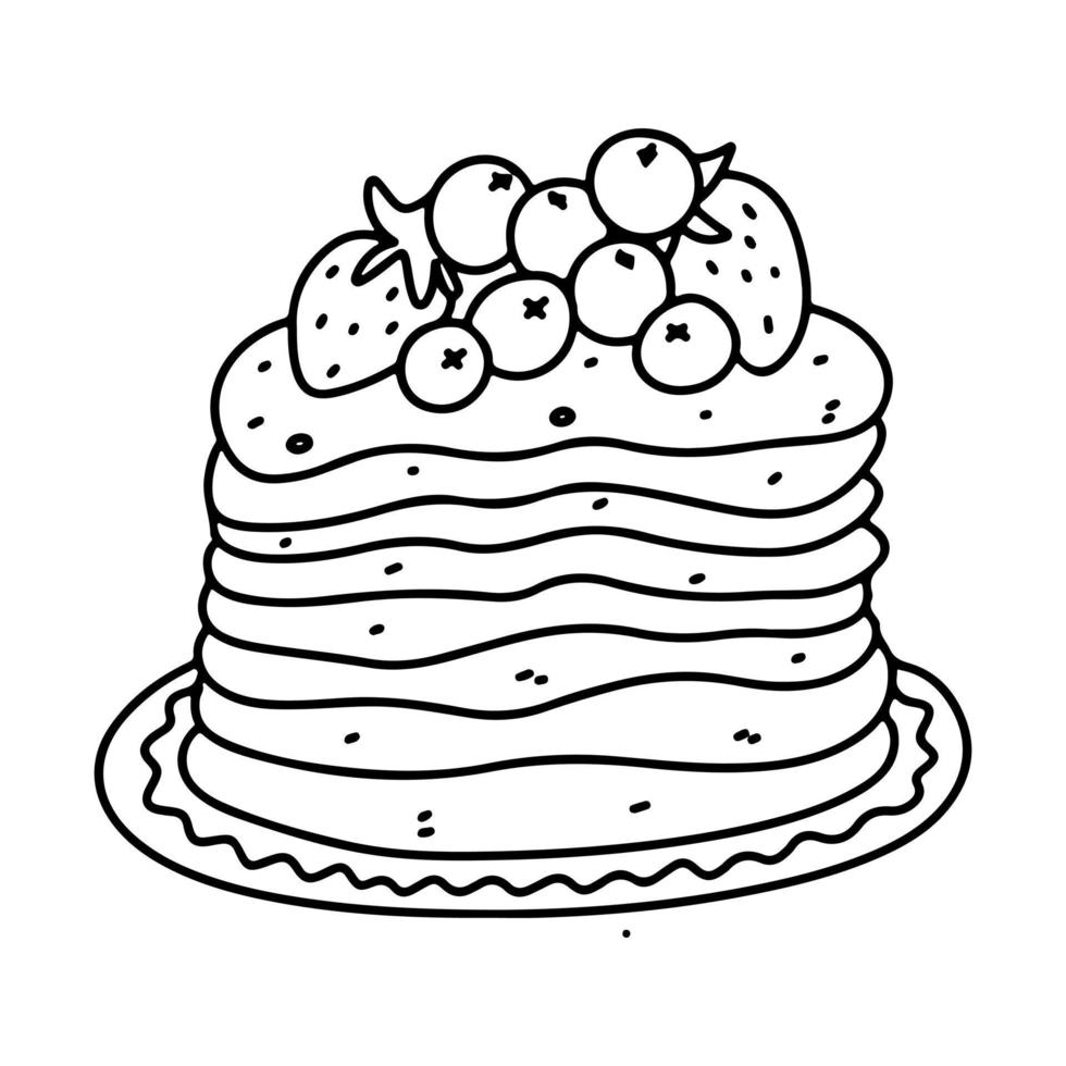 pastel con frutas encima en estilo garabato dibujado a mano. aislado sobre fondo blanco. página para colorear vector