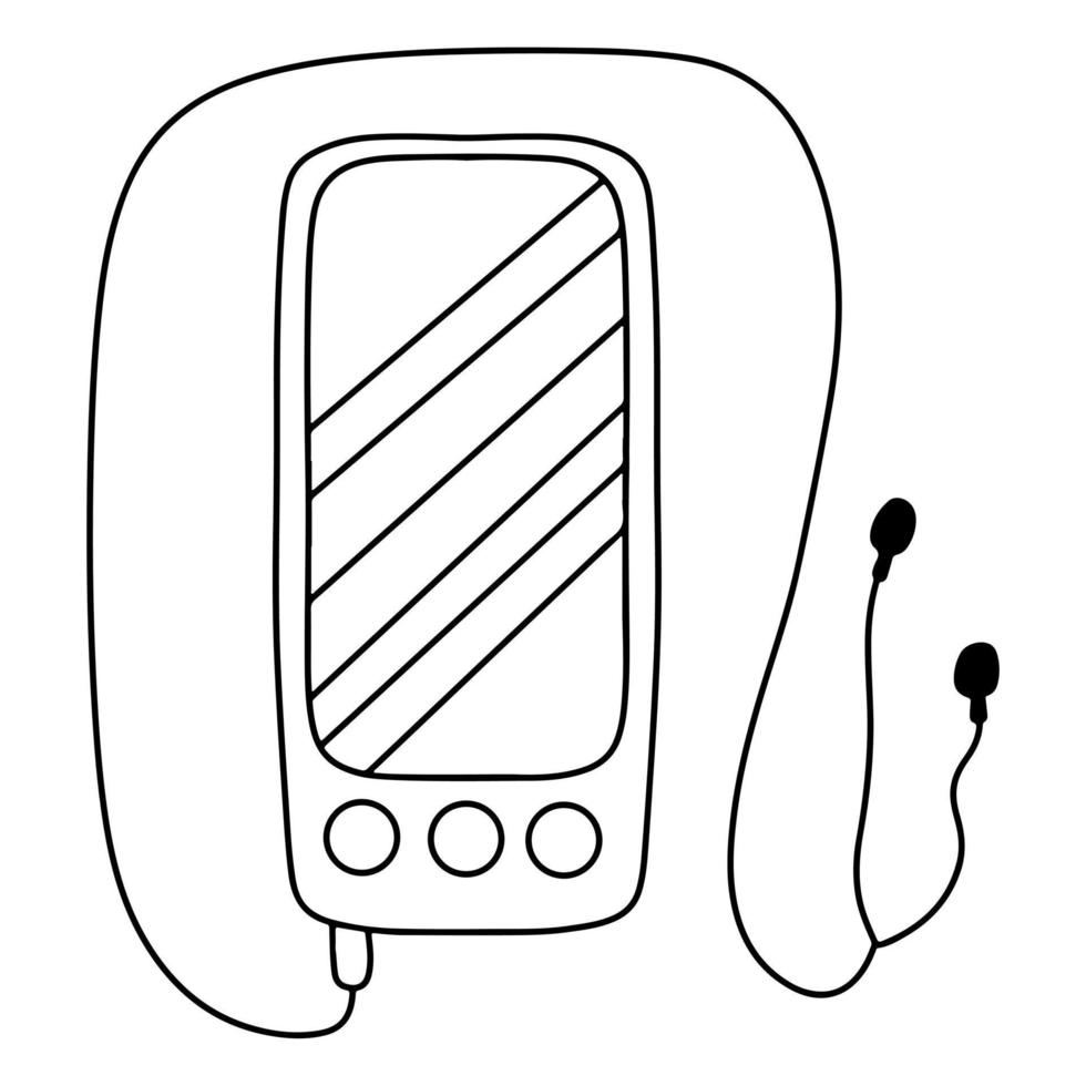 teléfono inteligente con auriculares en estilo garabato dibujado a mano. aislado sobre fondo blanco. página para colorear vector