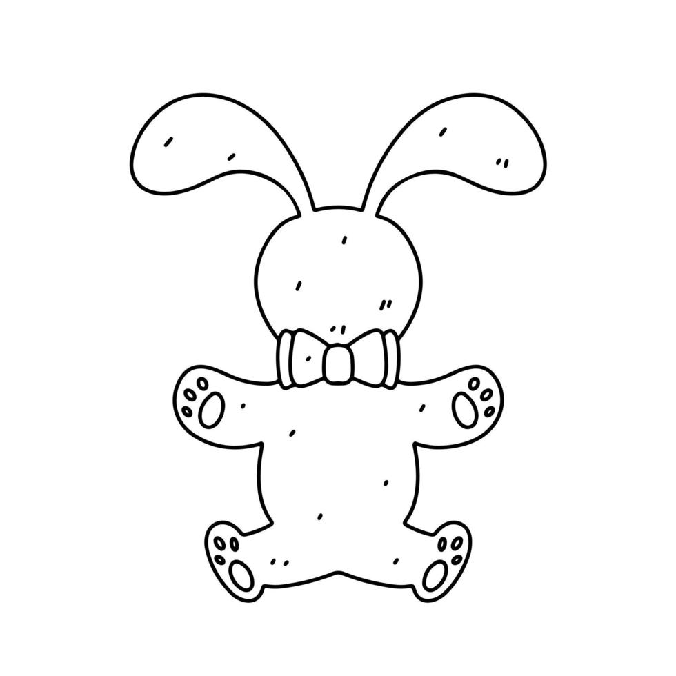 Funny bunny toy in hand drawn doodle style. Vector Illustration Isolated on white background. Coloring page.