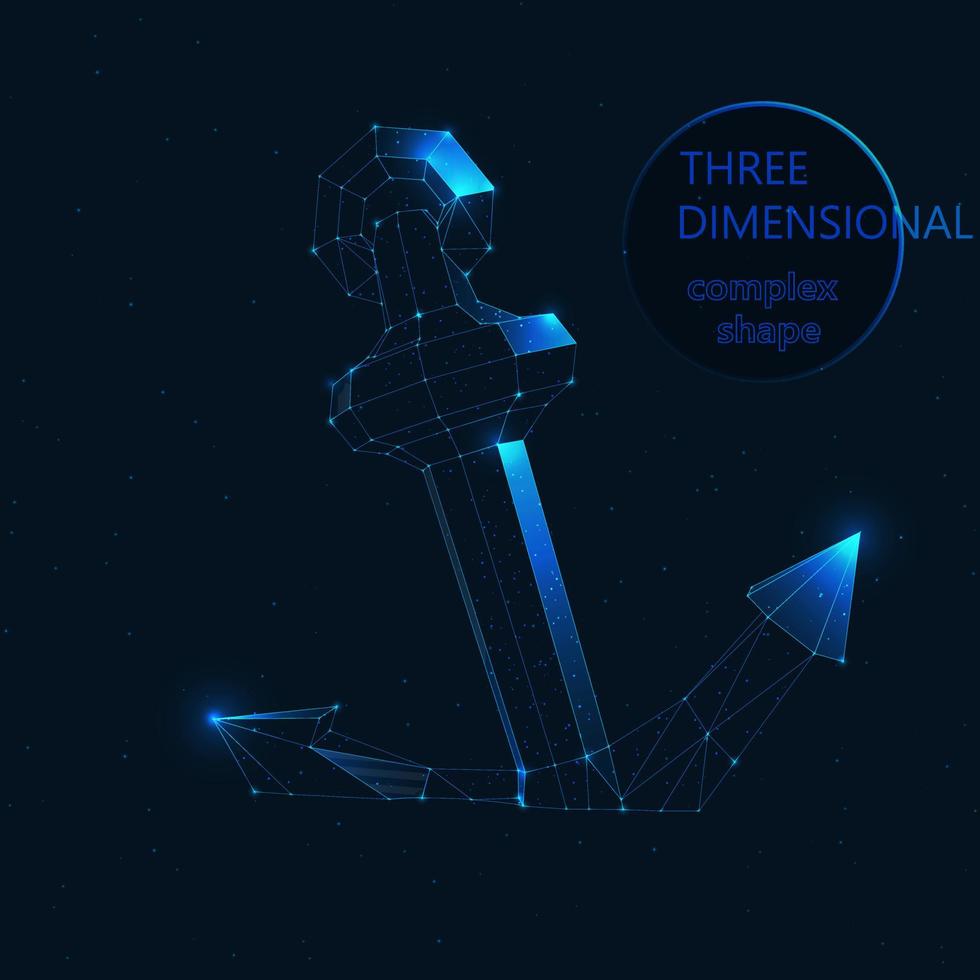 Abstract 3d polygonal wireframe low poly anchor on blue night sky with stars. Three-dimensional complex shape of the anchor. Abstract poster design. Geometric shape polygonal plexus background. Vector