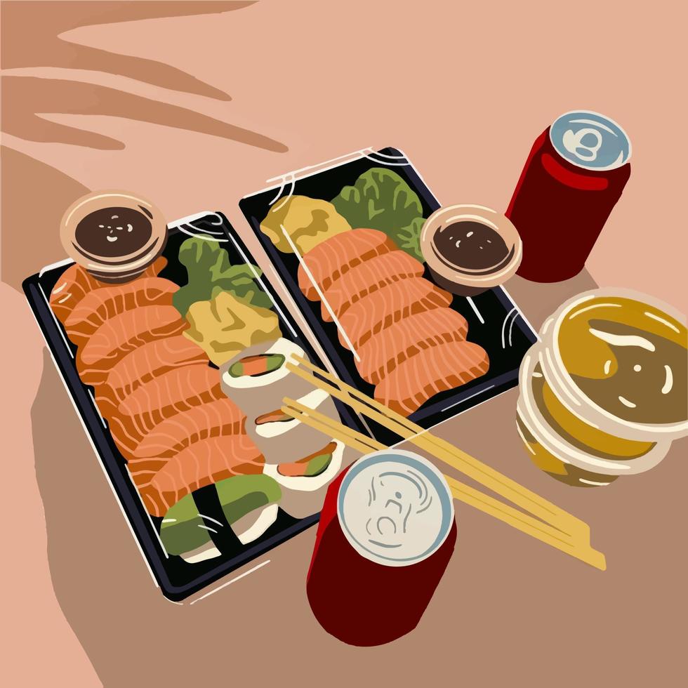 Sashimi and sushi set. Vector fashion background