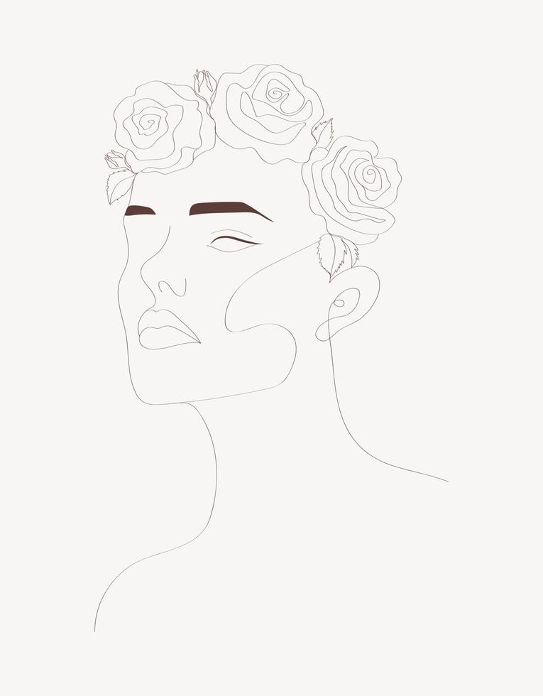 Woman with Flowers one line. Female Face with Flowers. Modern Minimalist Simple Linear Style. vector