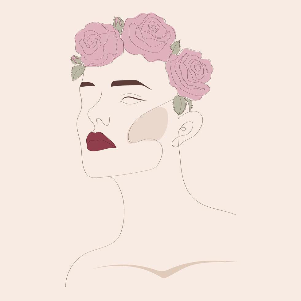 Woman with Flowers one line. Female Face with Flowers. Modern Minimalist Simple Linear Style. vector