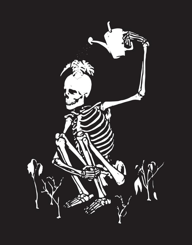 Sad skeleton, watering the plant on its skull. Vector illustration.