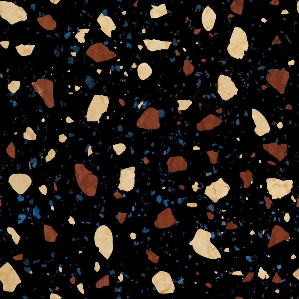 Terrazzo marble seamless pattern. Texture in Venetian style, composed of natural stone, granite, quartz, marble, concrete and limestone. Yellow, blue and orange marble on a black background. vector