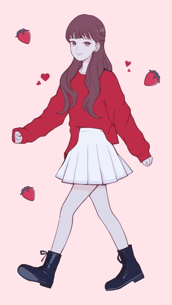 una linda chica anime camina sobre un fondo de fresas. vector