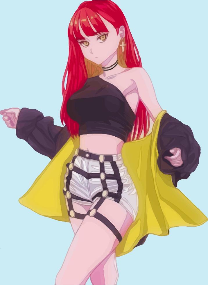 Bright and stylish anime girl with red hair vector