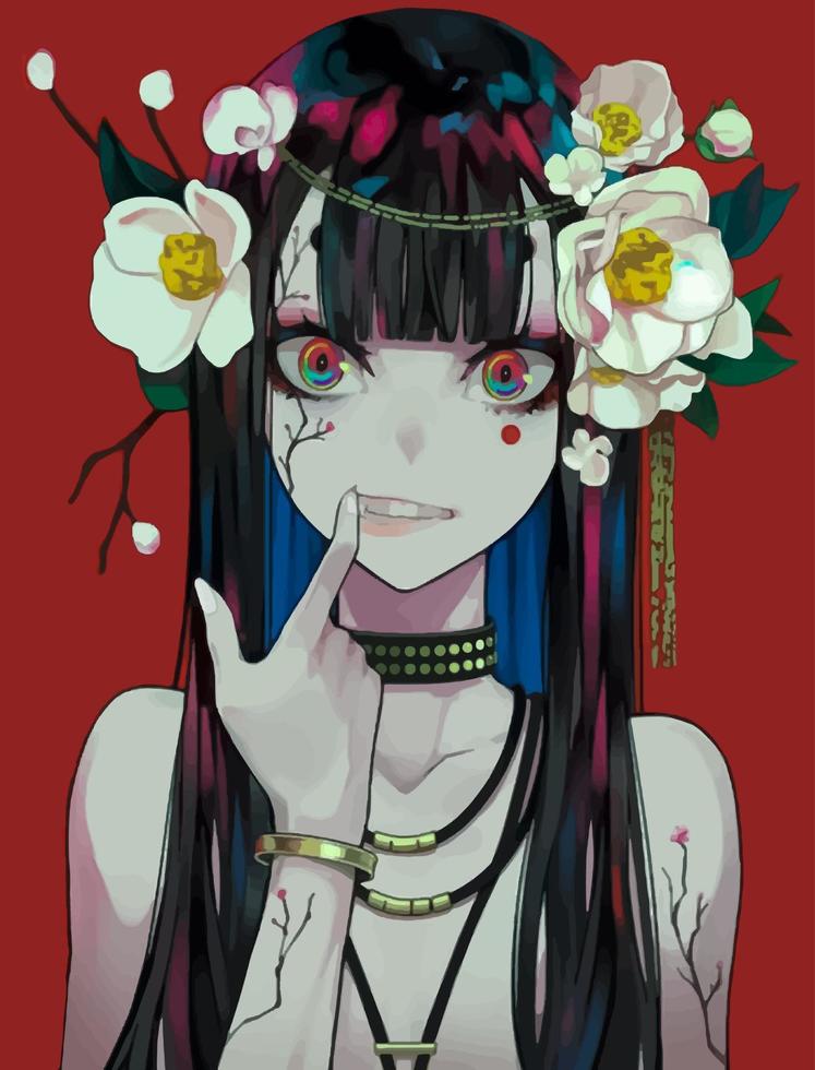 Demonic anime girl with a wreath on her head. Stylish trendy illustration. vector