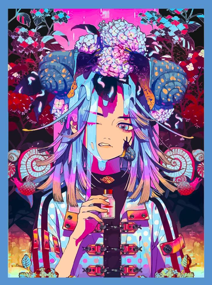 magical anime girl with snails on her head and a bottle in her hand. Stylish, fashionable illustration. vector