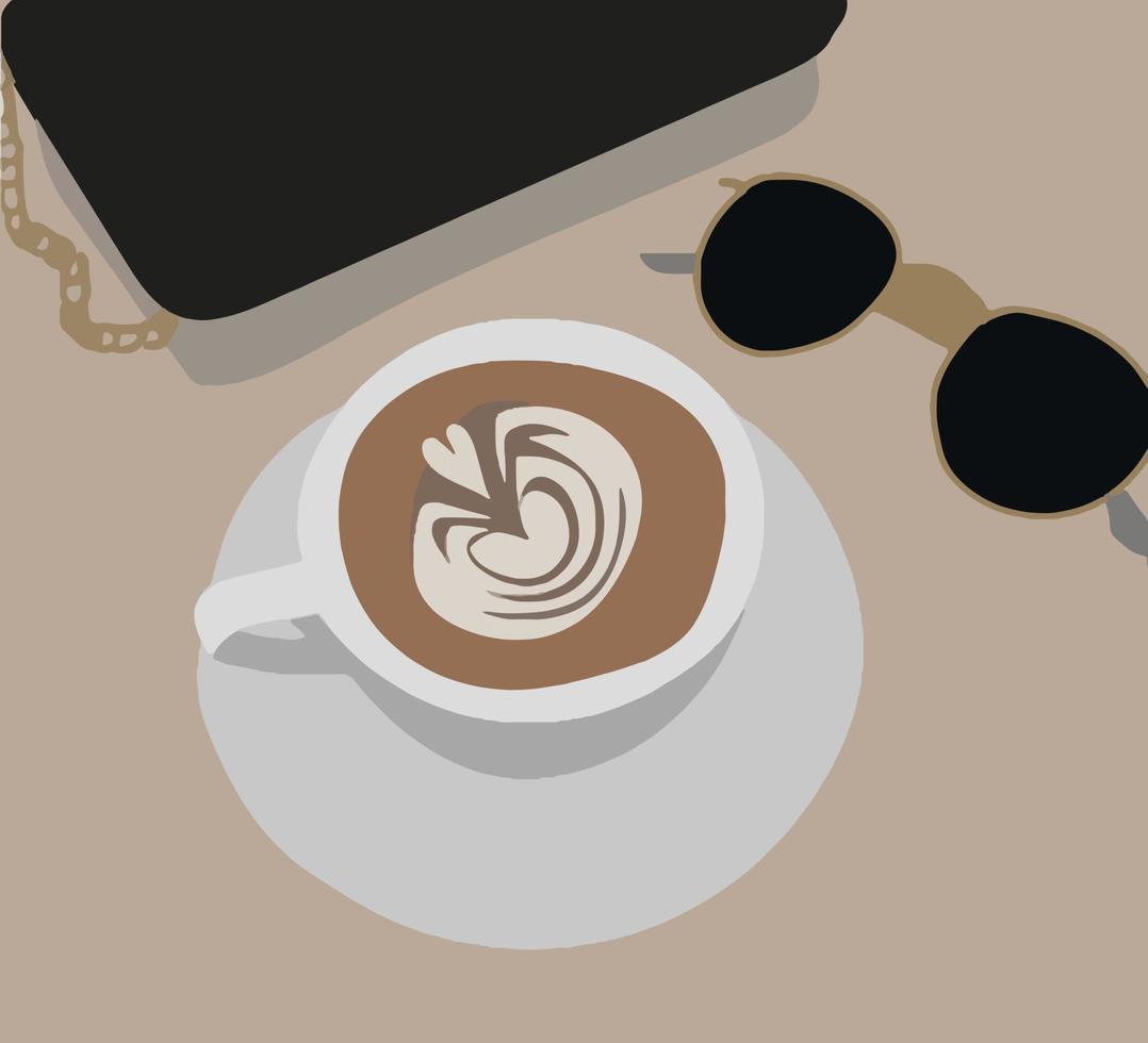 taza de café, gafas de sol y una bolsa. ilustración vectorial de moda. vector