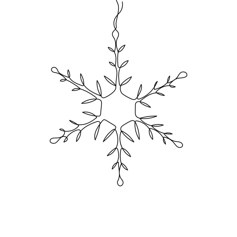 Continuous one-line drawing of a snowflake. New Years celebration concept isolated on white background. Vector sketch illustration