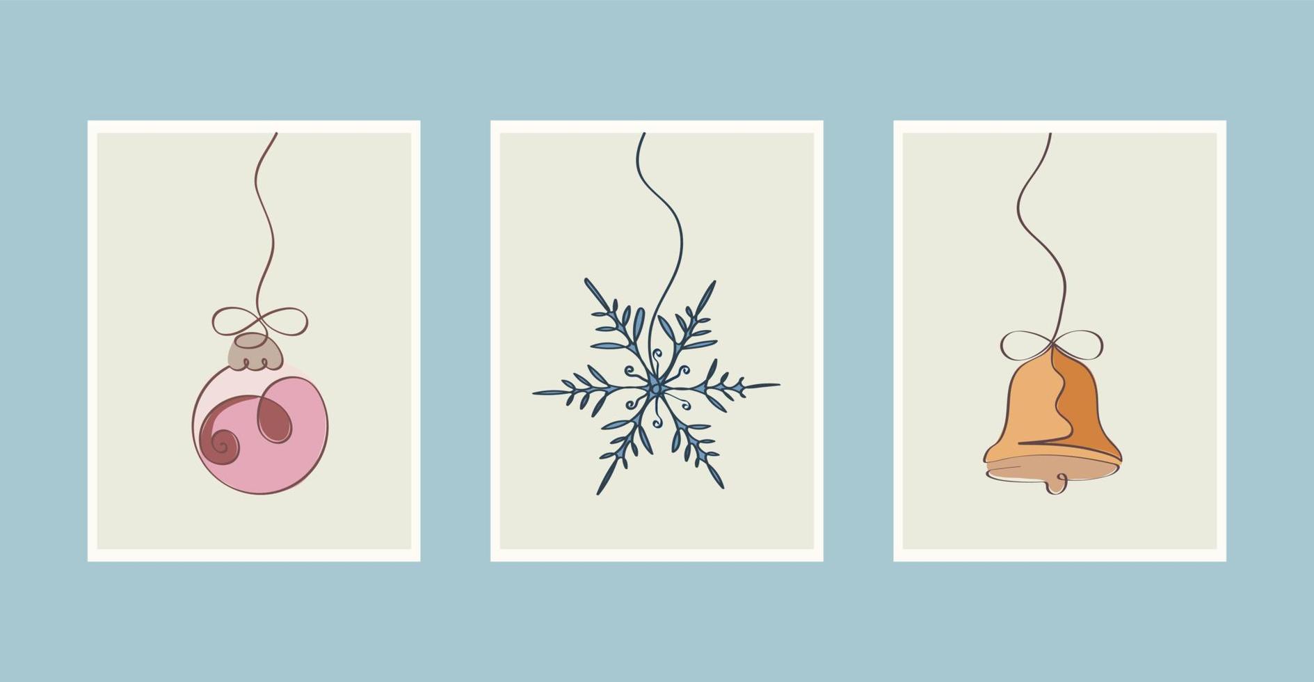 New Year's set of cards with a continuous one-line pattern of New Year's snowflake, Christmas ball and bell. New Years celebration concept. vector