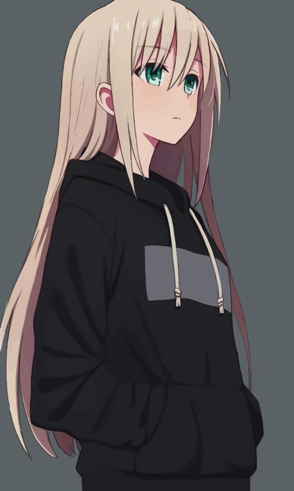 Cute Anime Girl in Black Hoodie and Green Eyes 19054996 Vector Art at ...