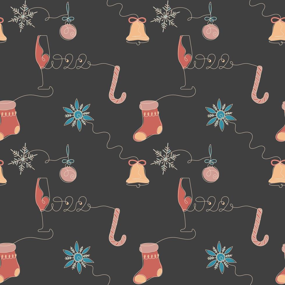 Vector seamless pattern. Continuous one-line drawing of New Years snowflakes, sock, ball, bell, lollipop and glass lettering 2022. New Years celebration concept.