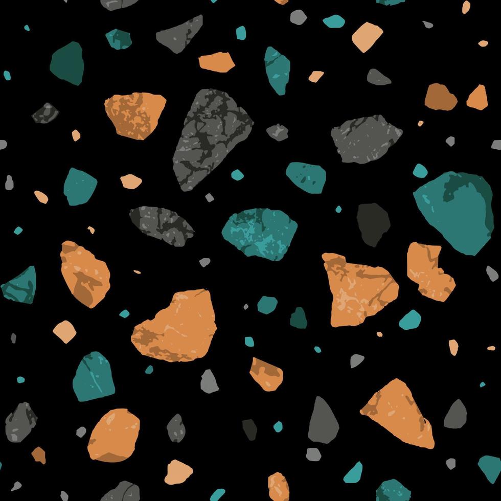 Terrazzo marble seamless pattern. Texture in Venetian style, composed of natural stone, granite, quartz, marble, concrete and limestone. Green and orange marble on a black background. vector