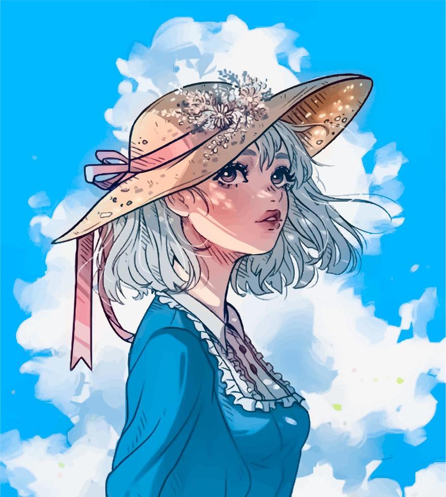 chica anime con un vestido azul y un sombrero con flores contra el cielo vector