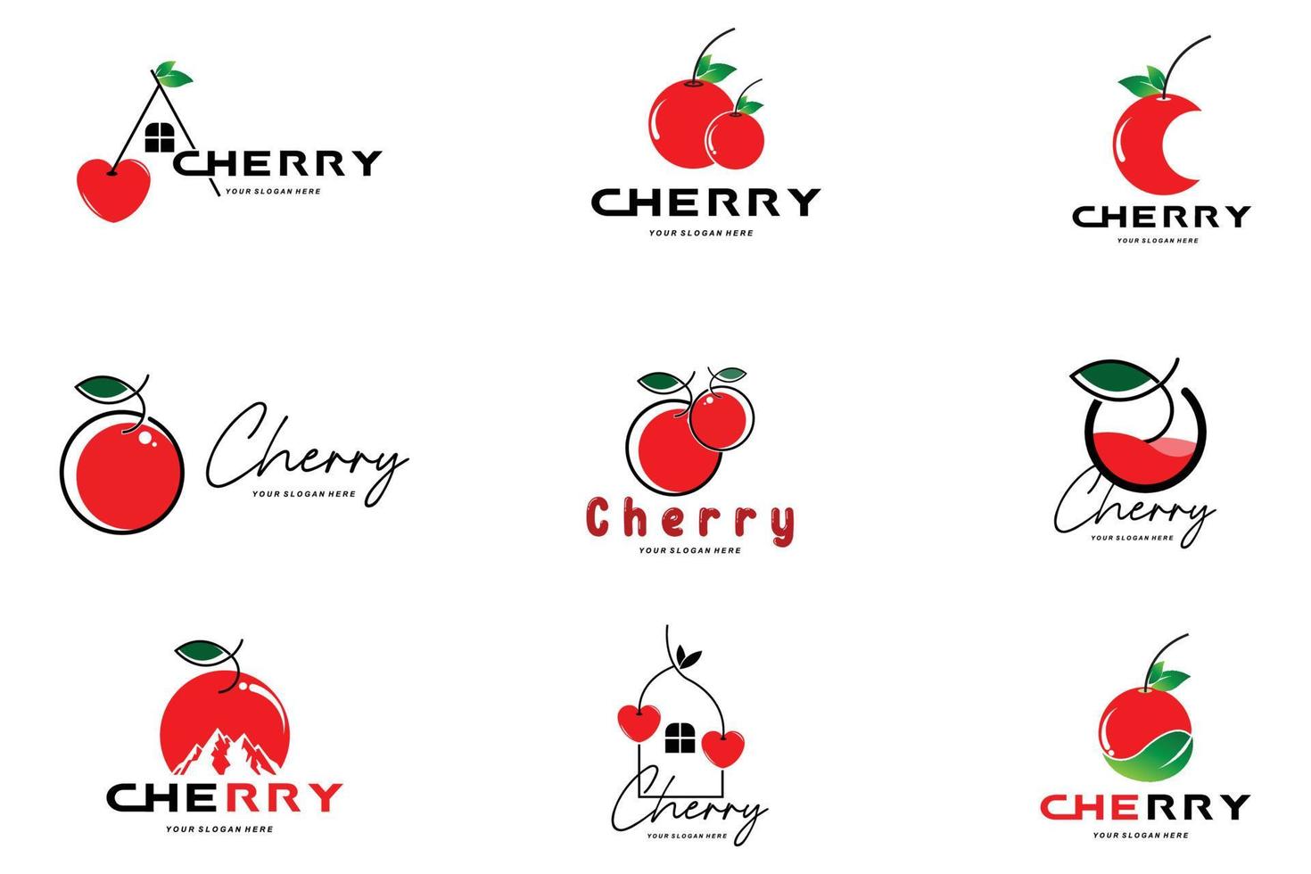 logotipo de fruta de cereza, ilustración vectorial de planta de color rojo, diseño de tienda de frutas, empresa, pegatina, marca de producto vector