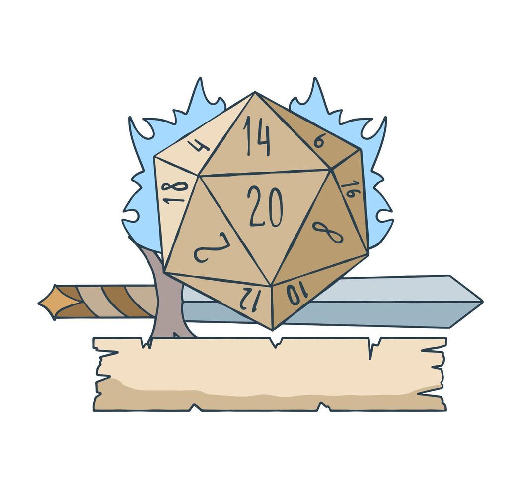 Dice d20 for playing Dnd. Dungeon and dragons board game. Copyspace for text on ribbon and sword of medieval paladin. Adventure Icon vector