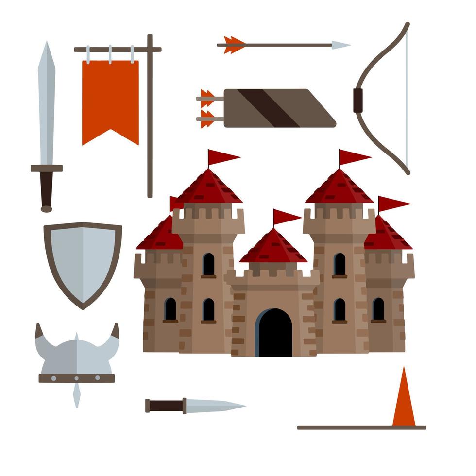 Medieval set of item. European castle with tower, shield, sword, red flag, tournament, arrow, bow, quiver, helmet of Viking. Historical subject. Cartoon flat illustration. Old armor and knight weapons vector