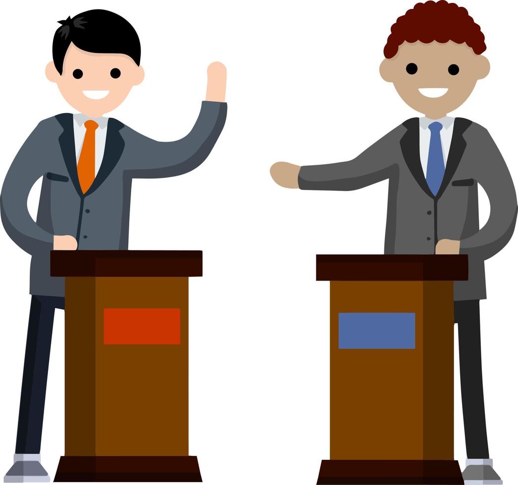 Political debate and dispute between two presidential candidates. Tribune and stand. Dialogue and elections. Podium for speech. Rostrum and man in suit. vector