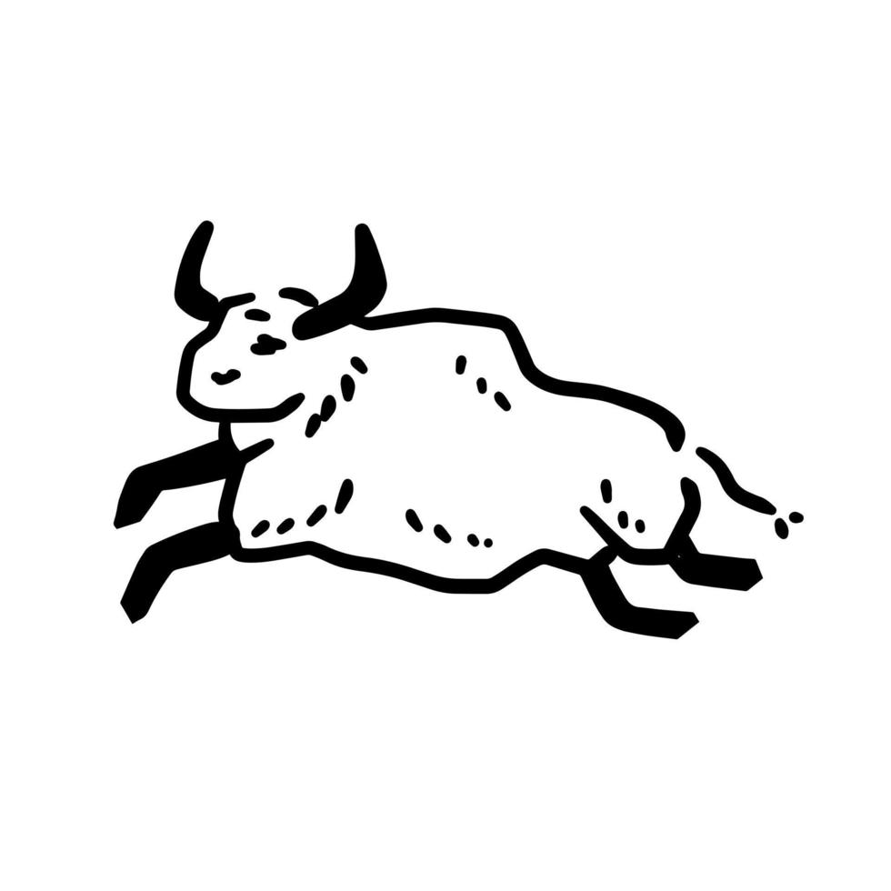 Rock art. Drawing of a bull or ox. Primitive tribal cartoon. Running animal. Black and white doodle vector