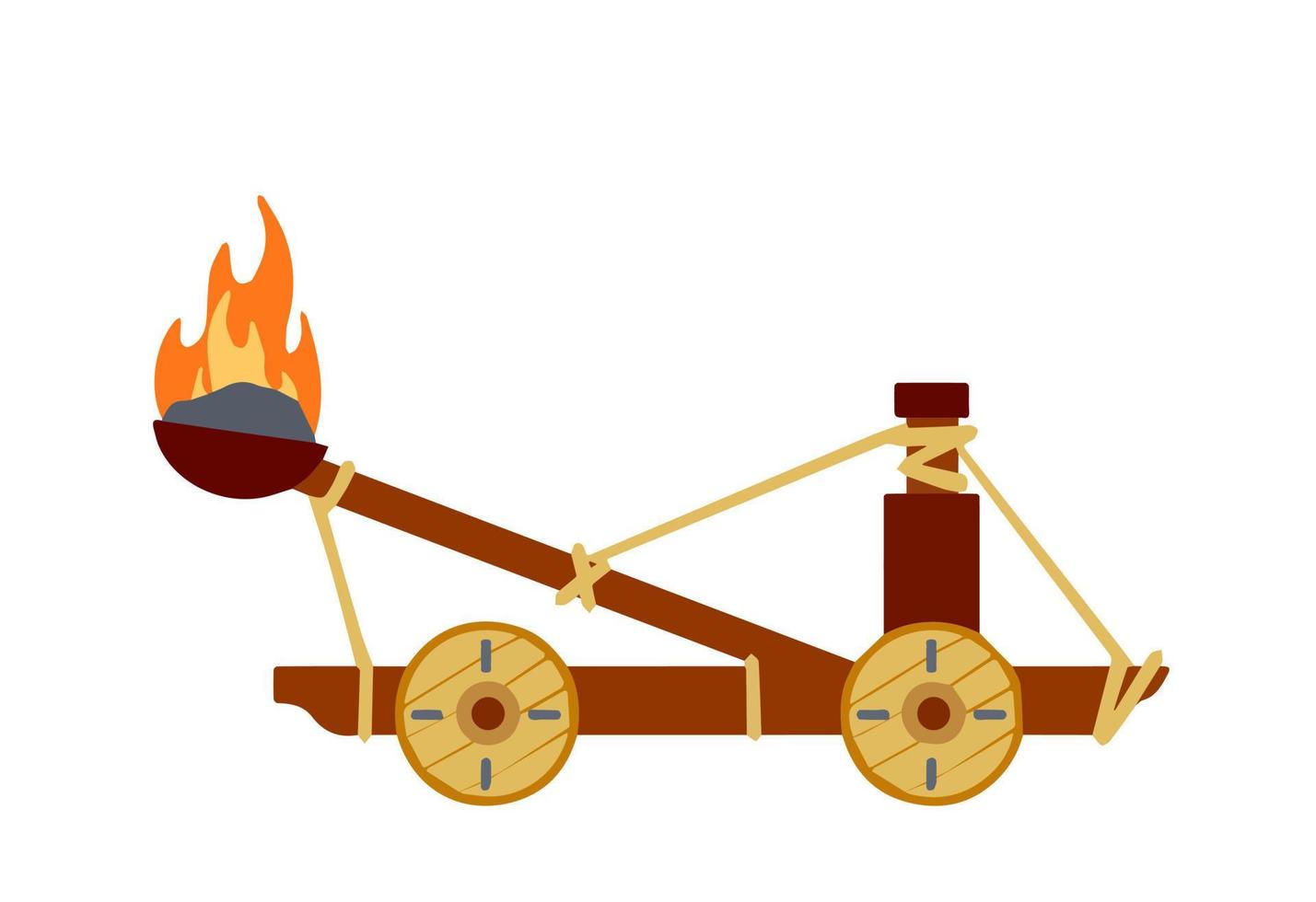 Catapult. Ancient weapons for the siege of the fortress. Wooden medieval artillery ballista. Flat cartoon vector