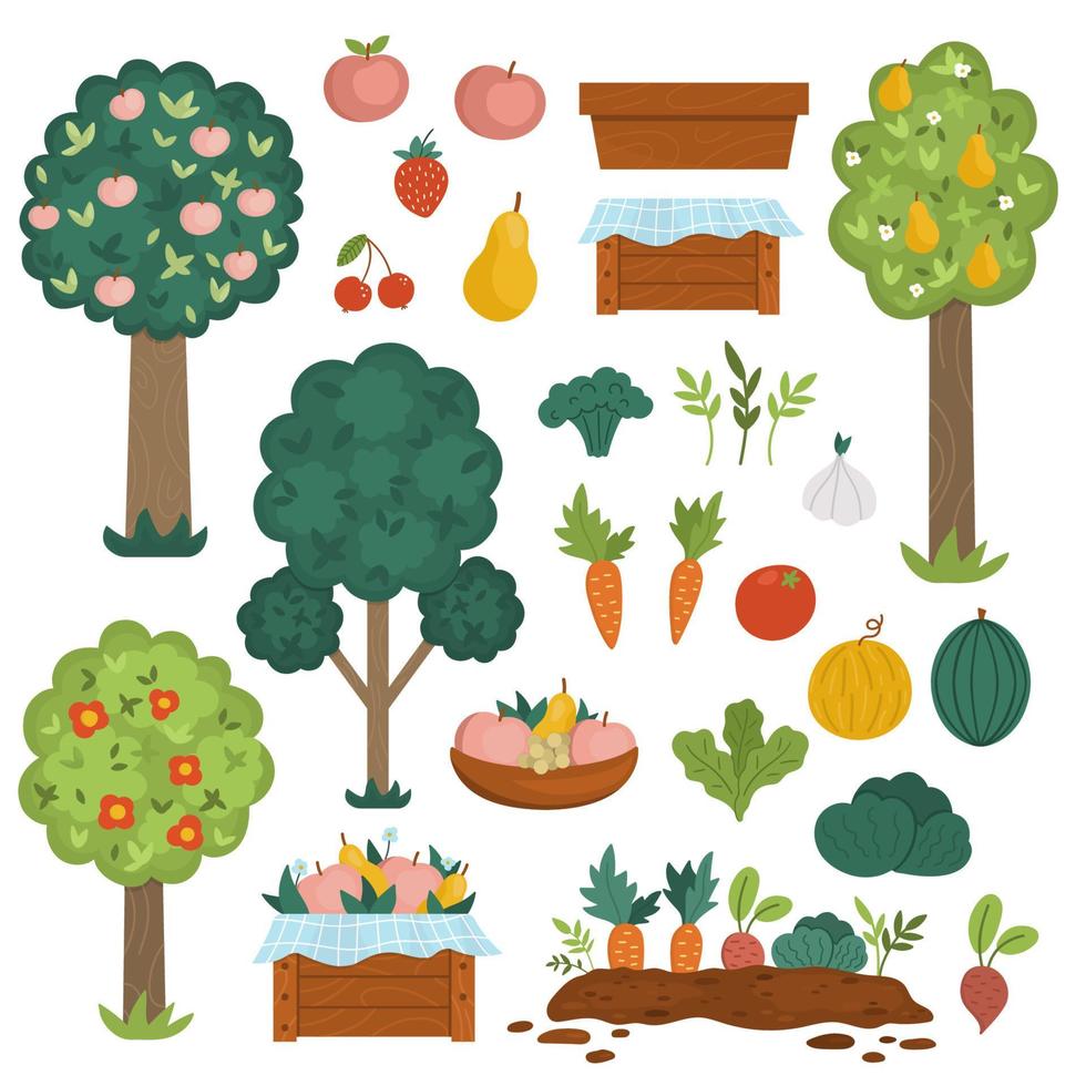 Vector garden fruit trees and harvest collection. Vegetables and fruit icons set. Wooden boxes with harvest. Farm country pack with plants, berries, veggies. Apples, carrot, tomato illustration