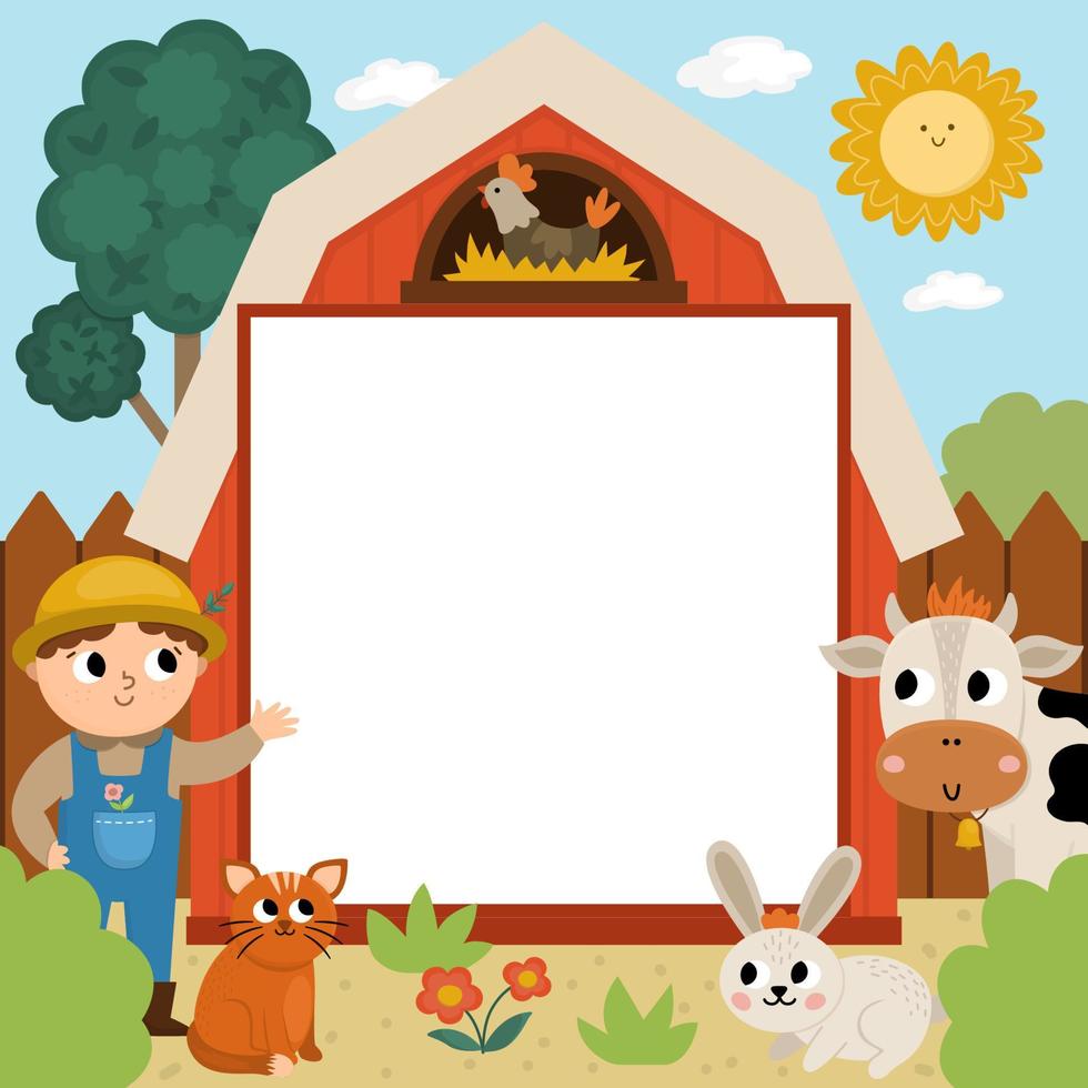 plantilla de tarjeta de felicitación de fiesta de granja con granjero lindo, paisaje rural y animales. cartel de campo o invitación para niños. brillante ilustración de vacaciones en el campo con vaca, gallo, gallina vector