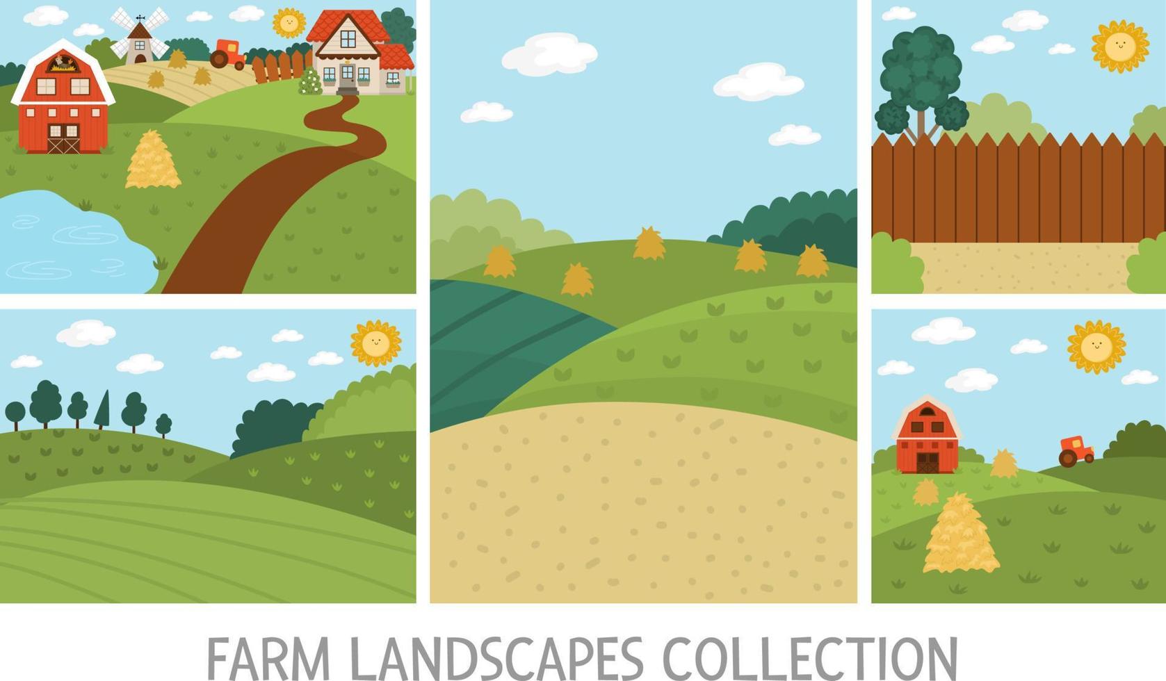 conjunto de paisajes de granja vectorial. colección de escenas de aldeas rurales. lindo paquete de fondos de naturaleza vertical de primavera o verano. ilustraciones de campo con colinas, bosques, heno, granero, tractor vector