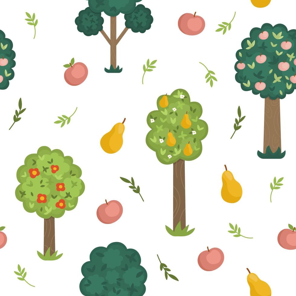 Vector garden seamless pattern with fruit trees and harvest. Vegetables and fruits nature repeat background. Farm country digital paper with apples, pears, flowers.