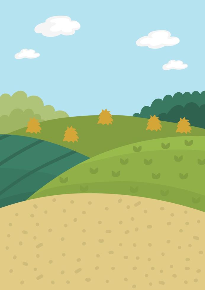 ilustración de paisaje de granja vectorial. escena de pueblo rural con colinas, bosque, pila de heno. lindo fondo de naturaleza vertical de primavera o verano. imagen de campo de campo para niños vector