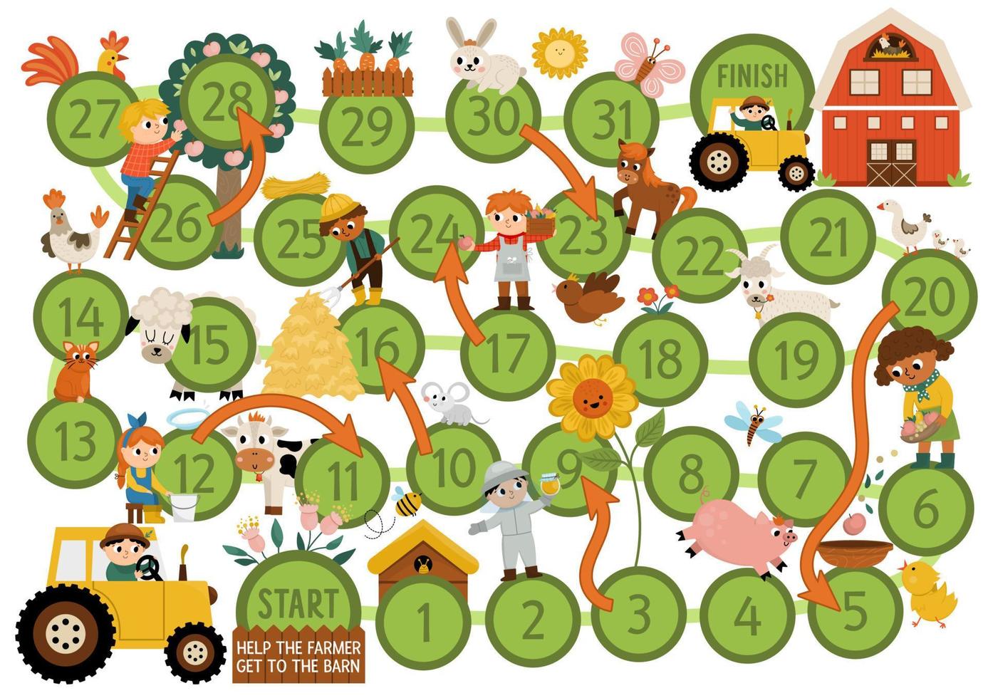 Farm dice board game for children with cute animals and kids farmers. Countryside boardgame with tractor, animals.  Rural country printable activity or worksheet. Help the farmer get to the barn vector