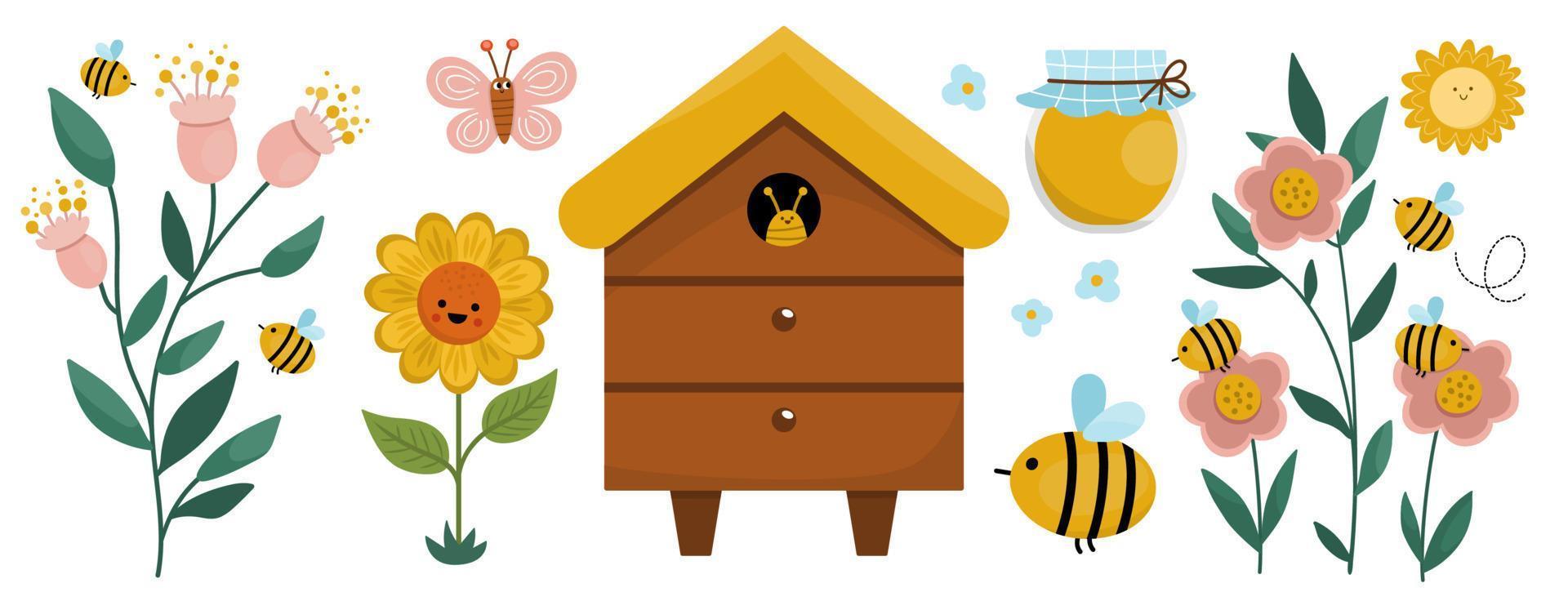 colección de iconos de vector apiario. Juego para hacer miel de granja. linda ilustración del concepto de apicultura con colmena, flores, girasol, flores, tarro, mariposa, sol. elemento de la casa de abejas.