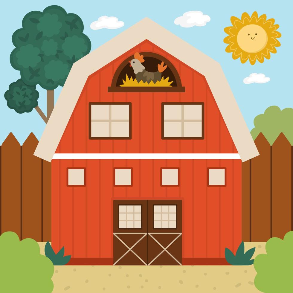 Vector farm or garden landscape illustration. Rural village scene with red barn, fence, tree. Cute spring or summer square nature background with cottage. Country house picture for kids