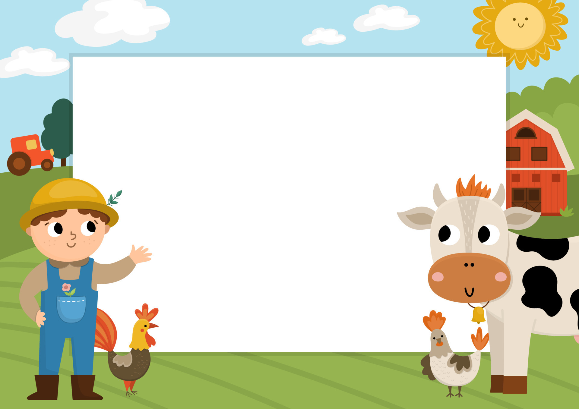 Farm party greeting card template with cute farmer, rural landscape and Farm party greeting card template with cute farmer, rural landscape and