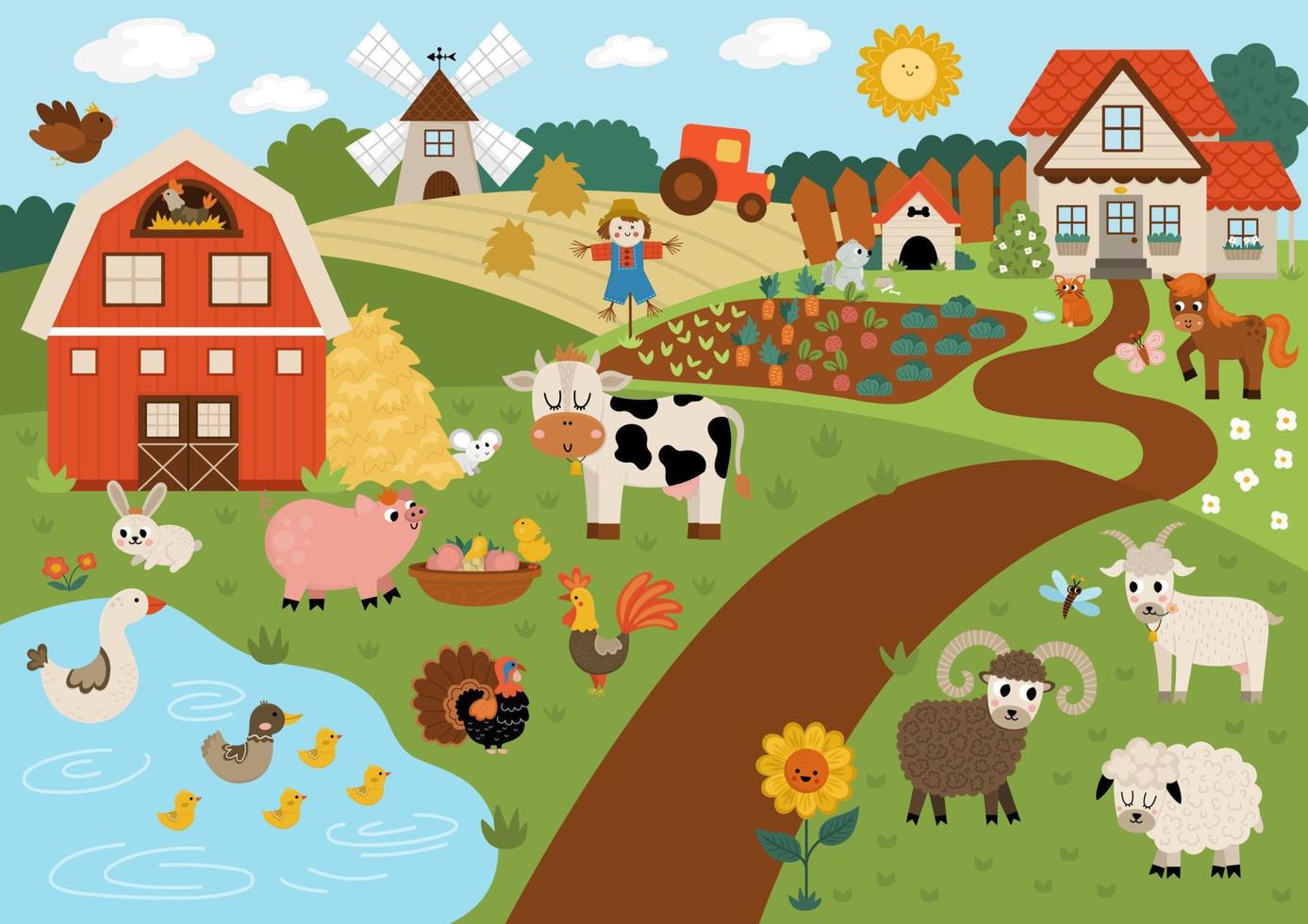 Vector farm landscape illustration. Rural village scene with animals, barn, country house. Cute spring or summer nature background with pond, meadow, garden. Detailed country field picture for kids