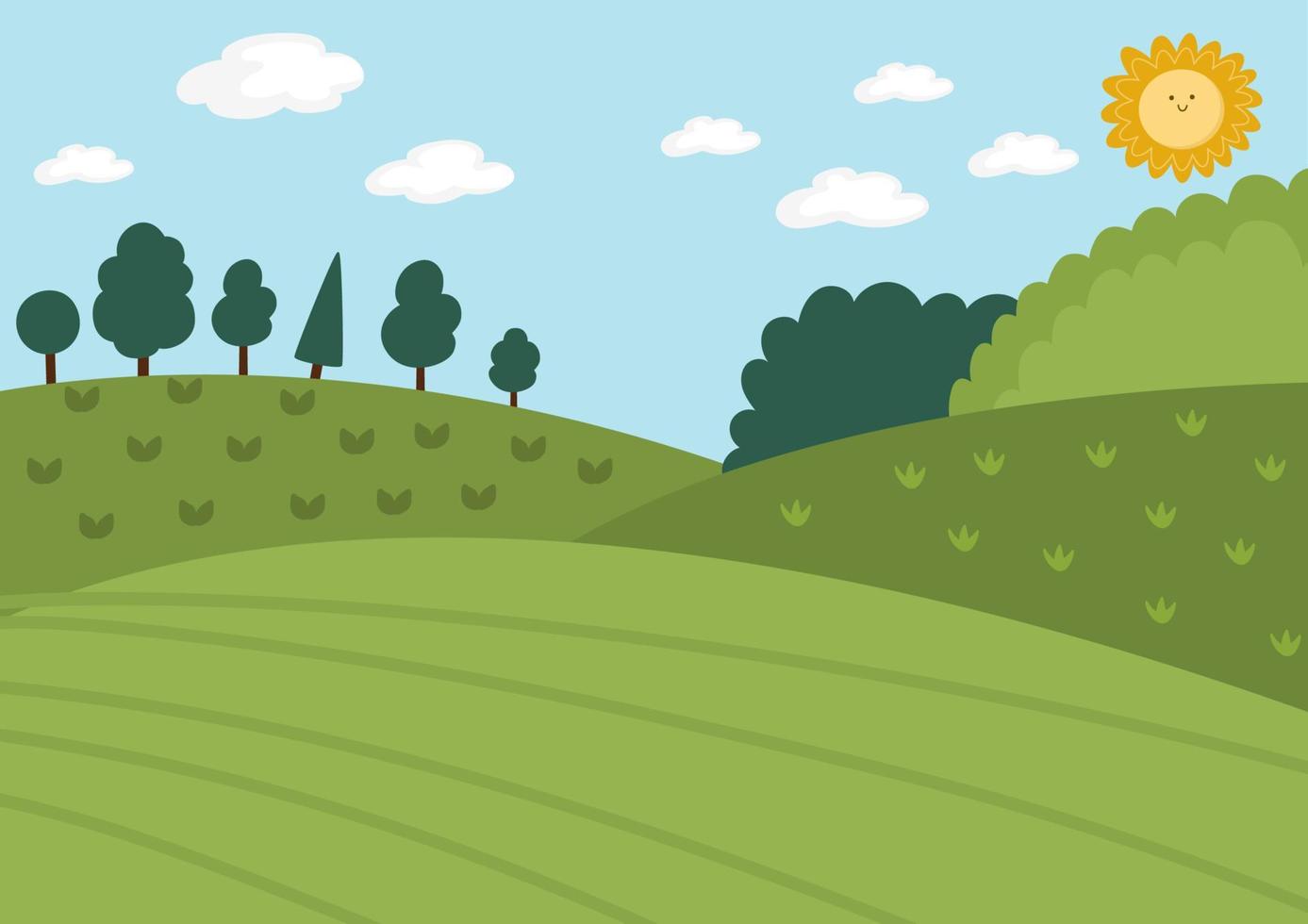 ilustración de paisaje de granja vectorial. escena de pueblo rural con colinas, bosques, árboles, sol. lindo fondo de naturaleza horizontal de primavera o verano. imagen de campo de campo para niños vector