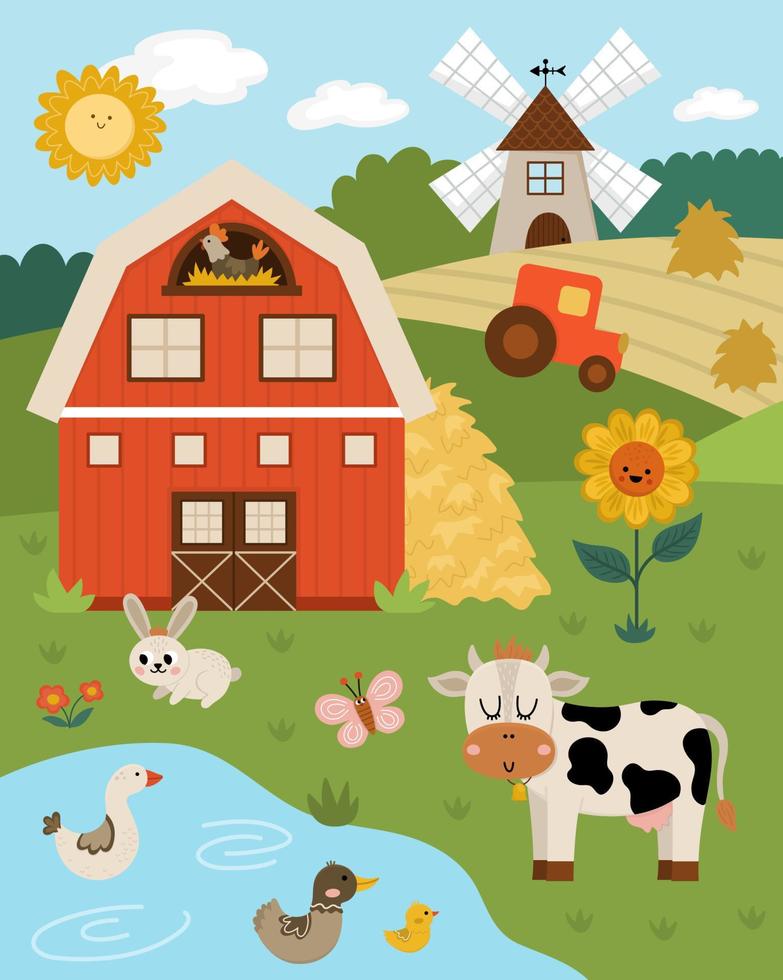 Vector farm landscape illustration. Rural village scene with animals, barn, tractor. Cute spring or summer nature background with pond, meadow, cow. Country field card for kids