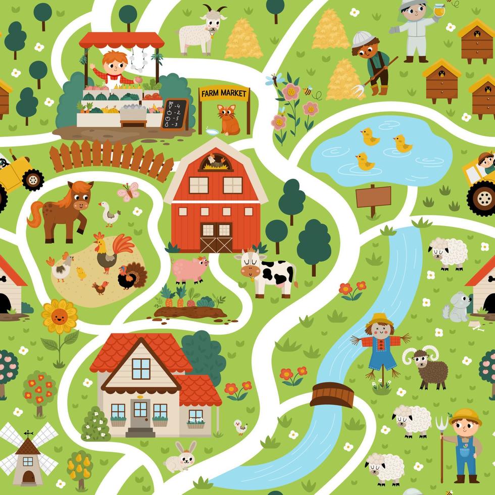 Farm village map seamless pattern. Country life repeat background. Vector digital paper with rural area scenes, animals, children, barn, tractor. Countryside plan with field, pasture, apiary, cottage